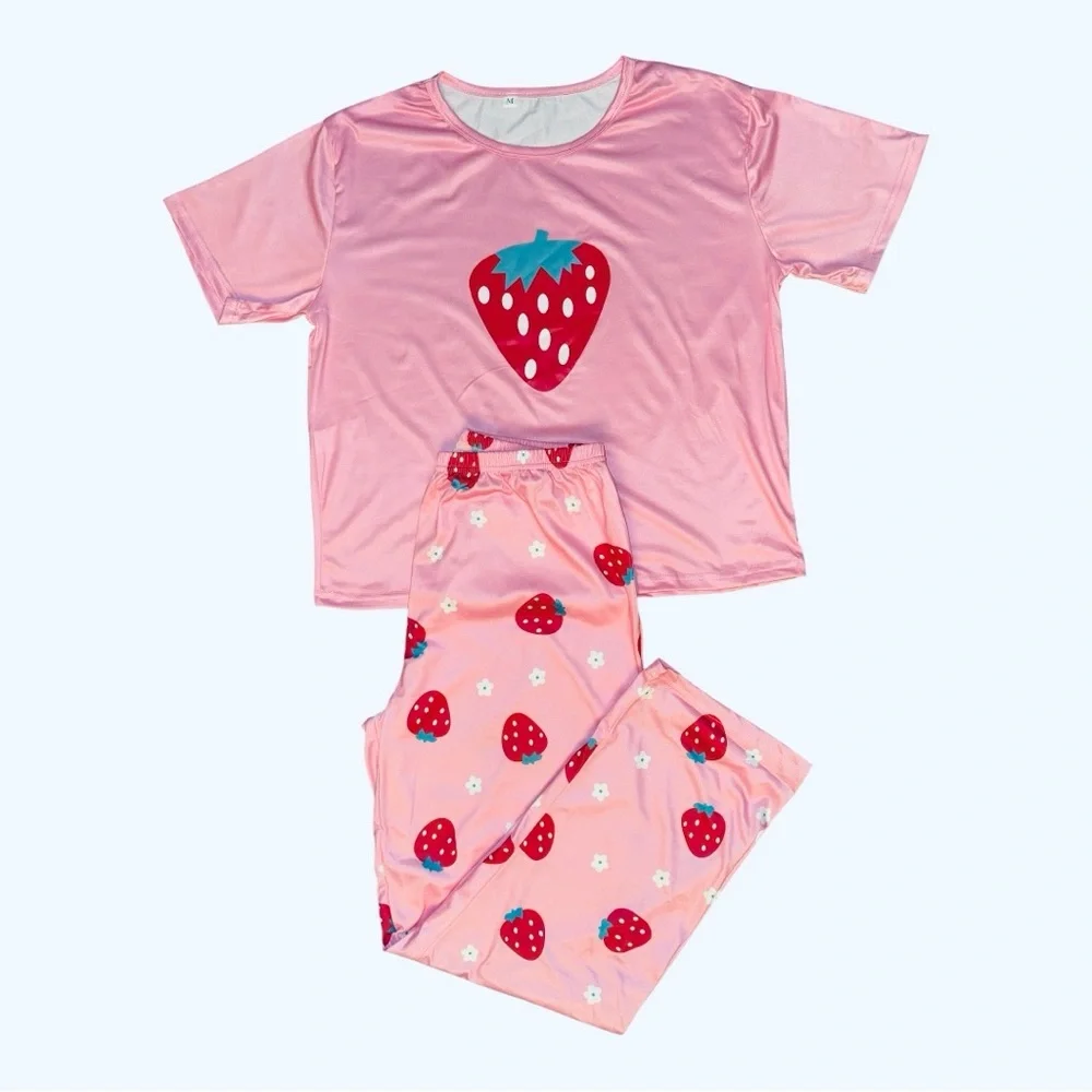 Strawberry Print Pajamas Set Pink Ted Women’s Size M
